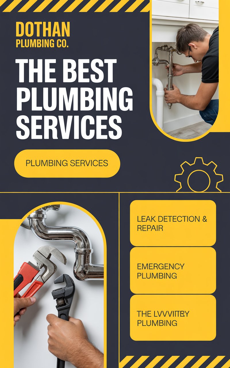 A dark blue and yellow plumbing services poster for Dothan Plumbing Co., featuring circular photos of plumbers working with tools, bold white and yellow headings, a plumbing services button, and a list of services including leak detection, drain cleaning, water heater repair, and emergency plumbing. Decorative hazard stripes and icons highlight the modern design.