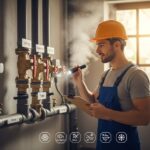 “Technician inspecting pipes, valves, and fittings during a seasonal HVAC checkup in a clean mechanical room, holding a flashlight and checklist, with subtle icons representing the four seasons.”