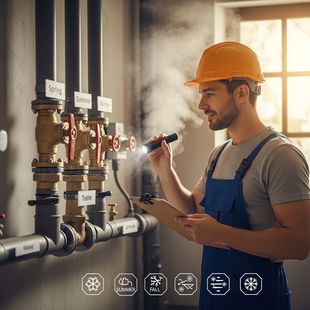 “Technician inspecting pipes, valves, and fittings during a seasonal HVAC checkup in a clean mechanical room, holding a flashlight and checklist, with subtle icons representing the four seasons.”