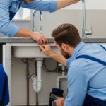 "Professional plumbers in blue uniforms installing modern plumbing fixtures in a clean, updated home interior, showing sink and faucet upgrades with quality tools and materials."