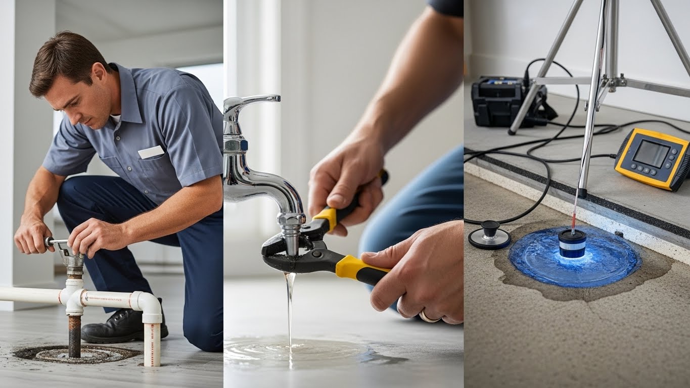 “Plumber in blue and grey uniform repairing a leaking pipe, technician fixing a dripping faucet, and advanced equipment detecting an underground slab leak in a modern Dothan, AL home, representing professional plumbing repair and leak detection services.”