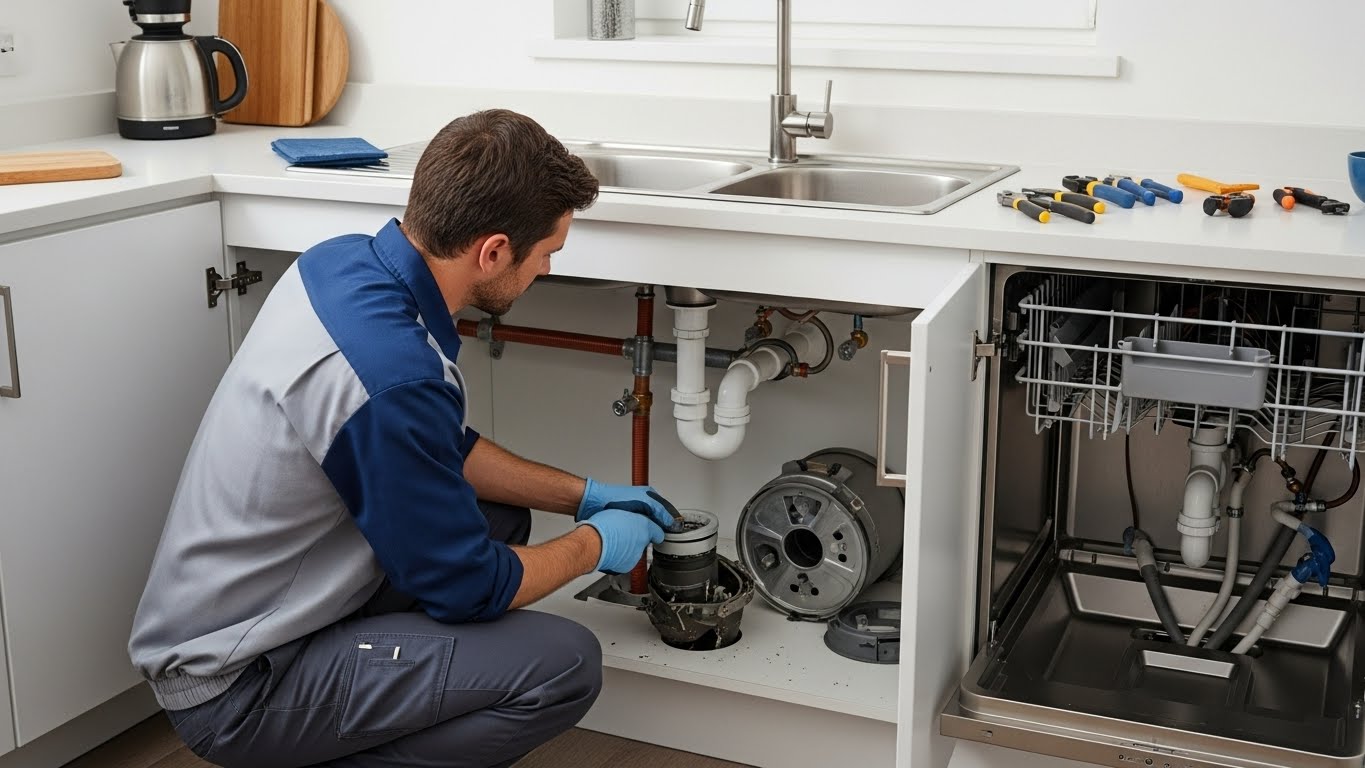 “Plumber repairing multiple kitchen plumbing issues in a modern home, including leaking pipes under the sink, a clogged garbage disposal, low water pressure, and dishwasher water line problems.”