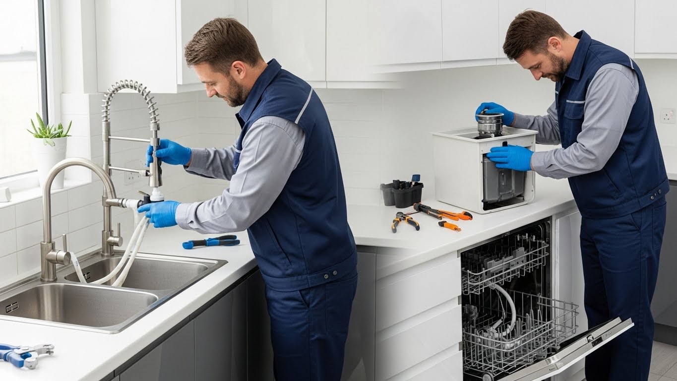 Licensed plumber installing a new kitchen sink and faucet, repairing a garbage disposal, and inspecting dishwasher water lines in a modern, clean kitchen.”