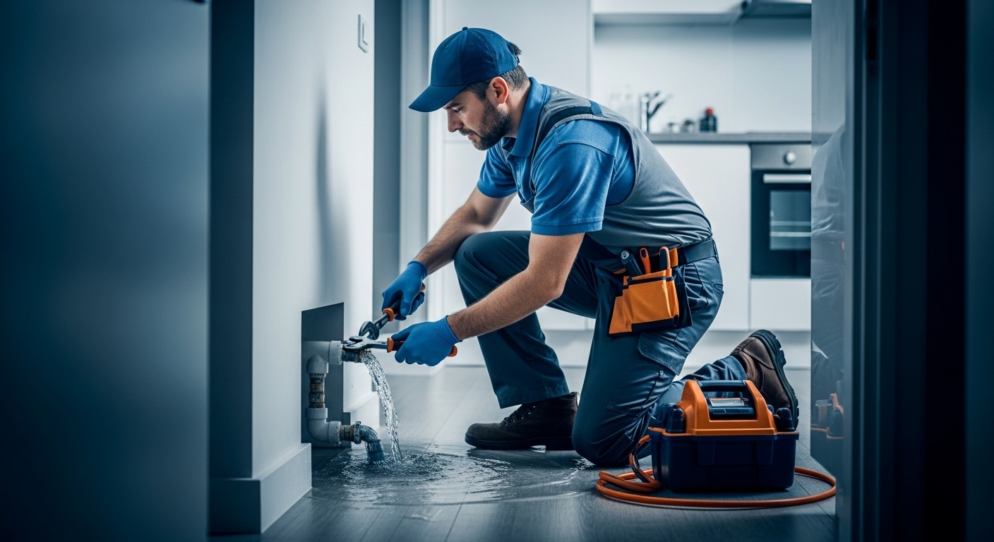 “A licensed plumber wearing a blue and grey uniform kneels under a sink inside a modern home, working quickly to repair a burst pipe as water sprays out. The lighting is dramatic but clean, highlighting the urgency of the late-night plumbing emergency. Tools are placed on the floor nearby, and no logos are visible on the clothing or equipment.”