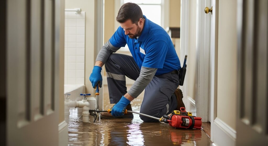 An emergency plumber in a blue and grey uniform works quickly to repair a burst pipe inside an older Southern-style home. Water covers the bathroom or hallway floor, creating a small flood. The plumber uses professional tools to stop the leak, and the bright lighting highlights the urgency of the plumbing emergency. No logos appear on the clothing or equipment.”