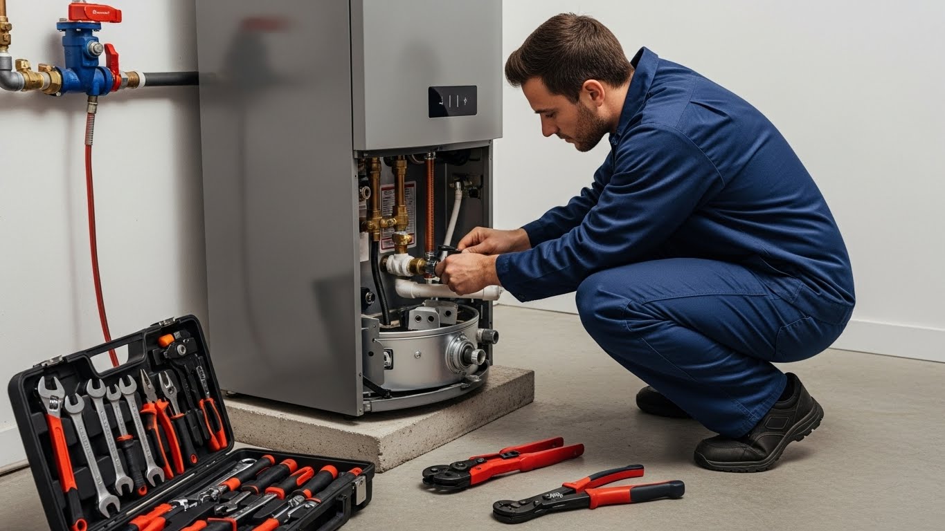 "Technician installing or repairing a residential water heater using professional tools, with the unit and workspace shown clearly. No text or logos visible in the scene."