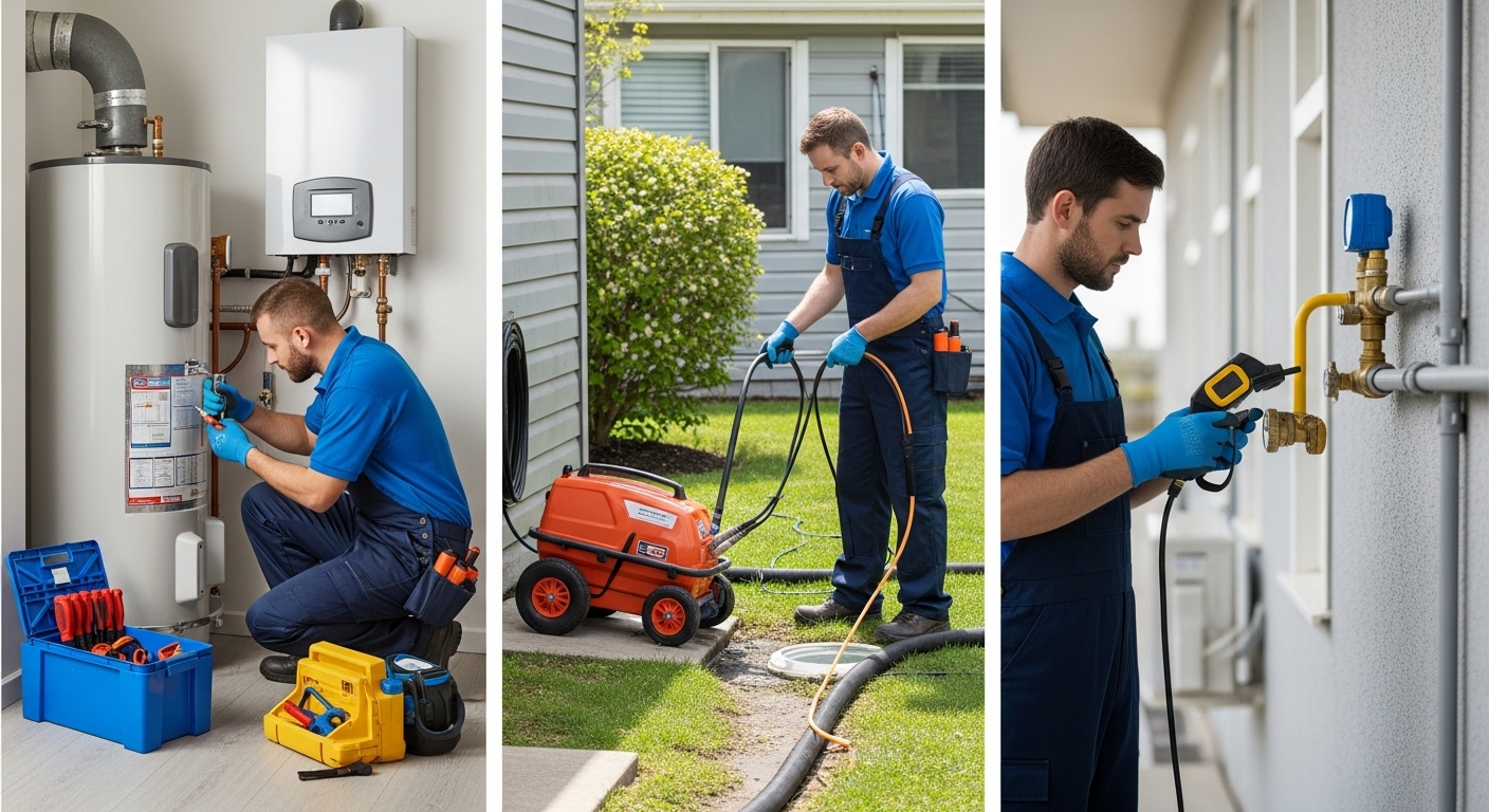 Emergency plumber in a blue and grey uniform handling multiple urgent plumbing issues including water heater repair, sewer line backup service, and gas leak inspection at a residential home. Scene shows organized tools, bright clean lighting, and both indoor and outdoor areas to highlight fast, reliable emergency plumbing service.”
