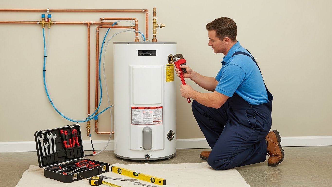"Skilled technician installing a modern residential water heater in a clean indoor setting, with tools and equipment visible and no text or logos in the scene."