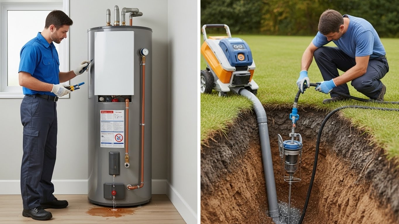 “Plumber inspecting a water heater with a minor leak and technician using professional equipment to diagnose a sewer line clog or leak, representing reliable plumbing repair services in Dothan, AL.”