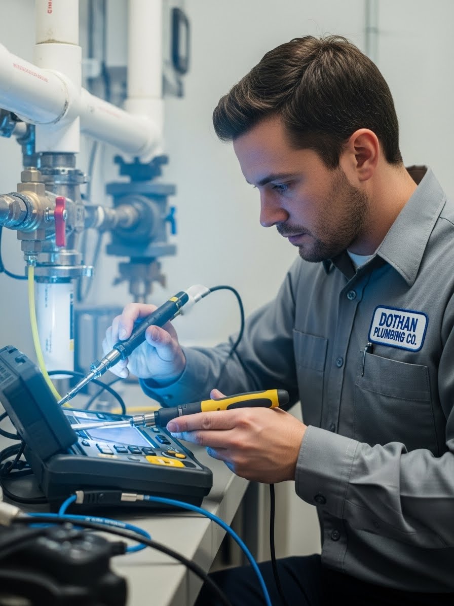 “A professional plumber works on a complex plumbing system in a clean utility room, with a very slight light-blue tint in the lighting and no text or logos on the uniform.”