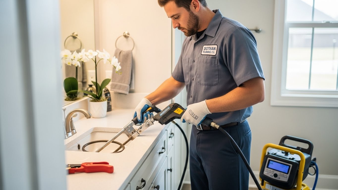 “Professional plumber in blue and grey uniform cleaning a clogged drain using advanced drain-snaking equipment in a modern Dothan, AL home.”
