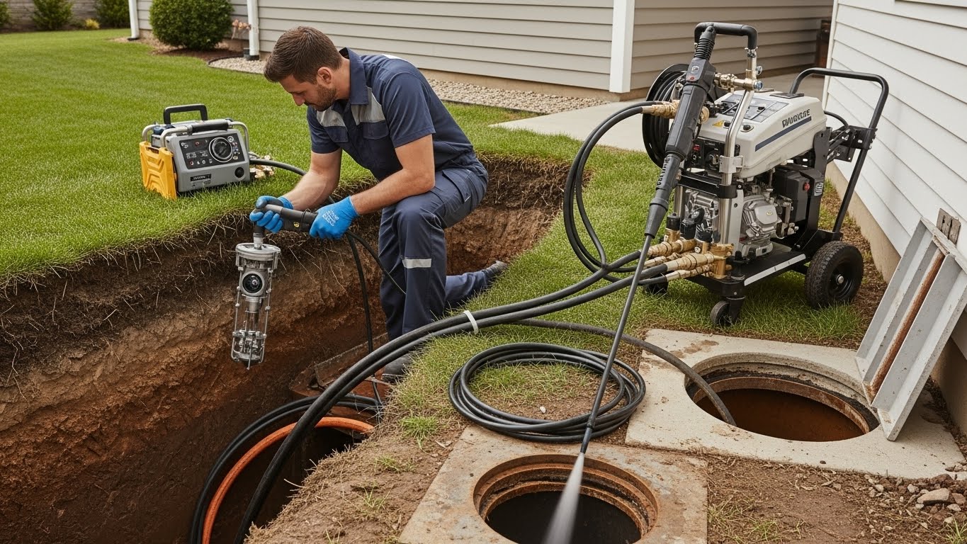 “Plumber using a video inspection camera and hydrojetting equipment to clean a residential sewer and main line outdoors.”