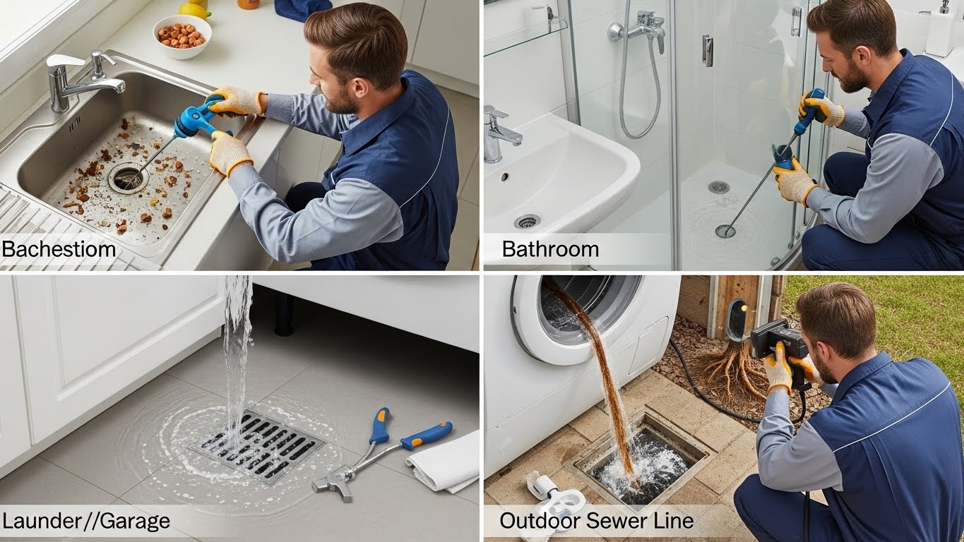 “Professional plumber addressing multiple types of clogs including a kitchen drain blocked by grease, a bathroom drain backed up with hair, an overflowing floor drain, and an outdoor sewer line affected by tree roots.”