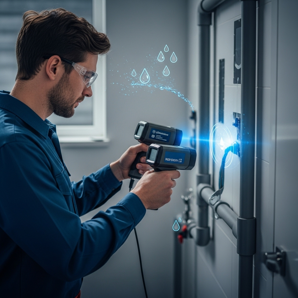 “Technician using advanced leak-detection equipment to scan plumbing pipes, with a highlighted spot showing a small hidden leak in a clean utility area.”