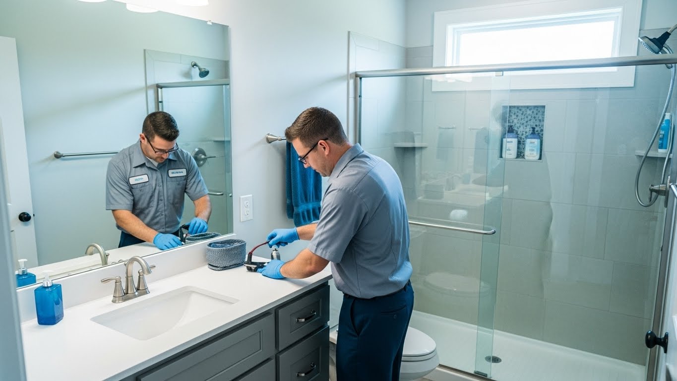 “Licensed plumber repairing a bathroom fixture in a clean, modern Dothan, AL home—showing professional bathroom plumbing services including leak repair, toilet fixes, and shower drain solutions.”
