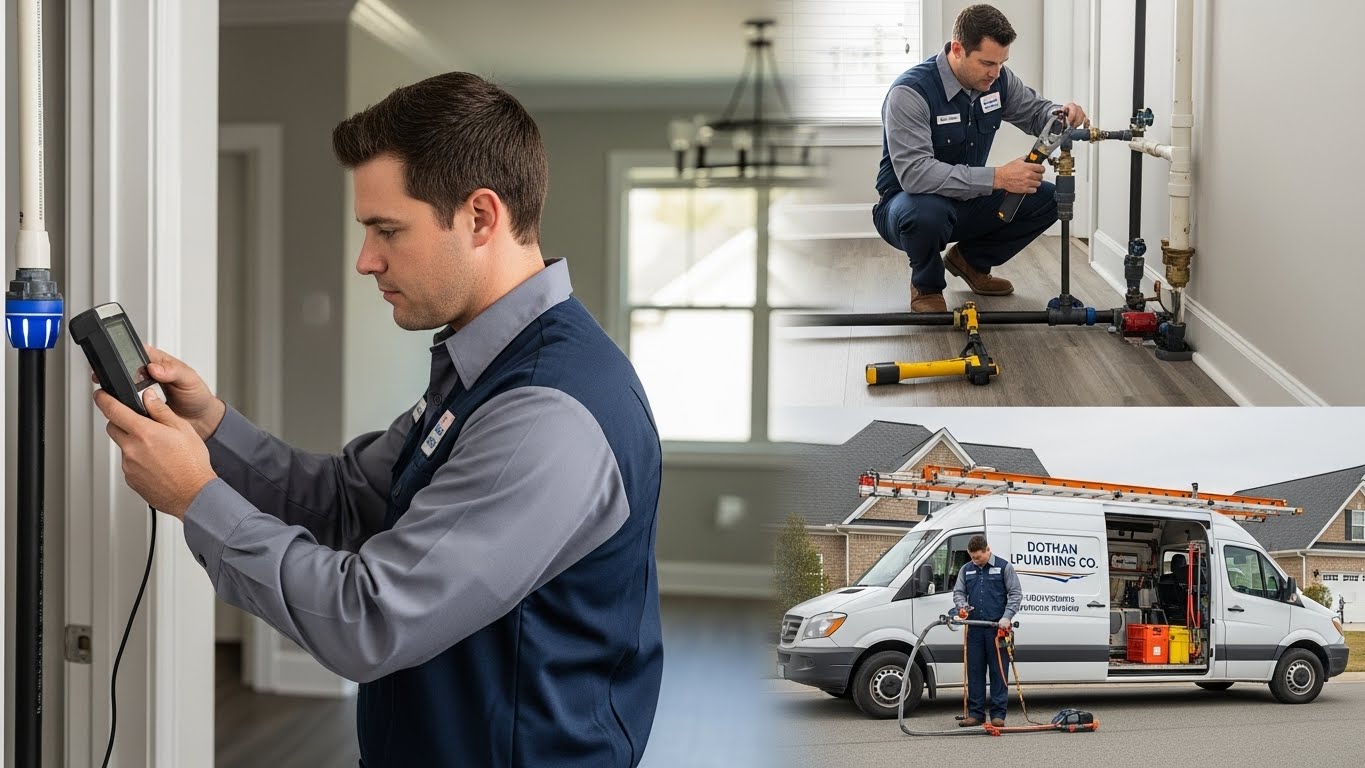 “Licensed plumbers in blue and grey uniforms performing plumbing repairs and leak detection in a modern Dothan, AL home, using digital leak-detection tools with a clean service van outside, showing 24/7 emergency residential and commercial plumbing service.”