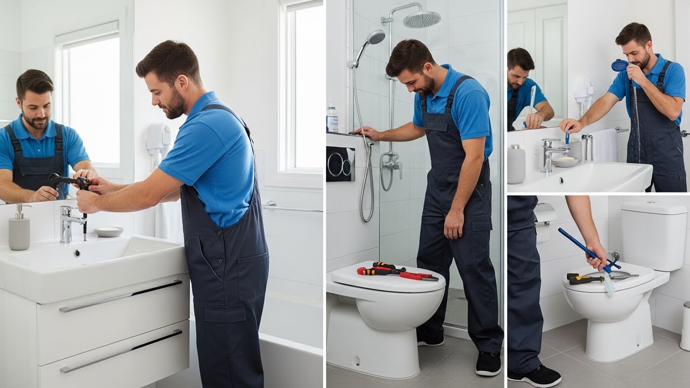 “Professional plumber repairing multiple bathroom plumbing issues in a modern home, including a leaky faucet, dripping showerhead, and a clogged or running toilet.”