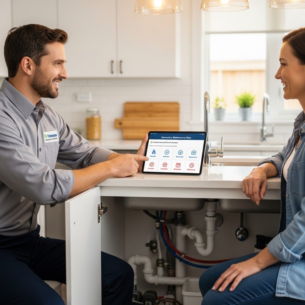 “Plumbing technician reviewing a preventive maintenance plan with a homeowner, showing scheduled services on a tablet beside a clean, well-maintained kitchen sink.”