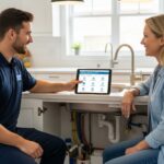 “Plumbing technician reviewing a preventive maintenance plan with a homeowner, showing scheduled services on a tablet beside a clean, well-maintained kitchen sink.”