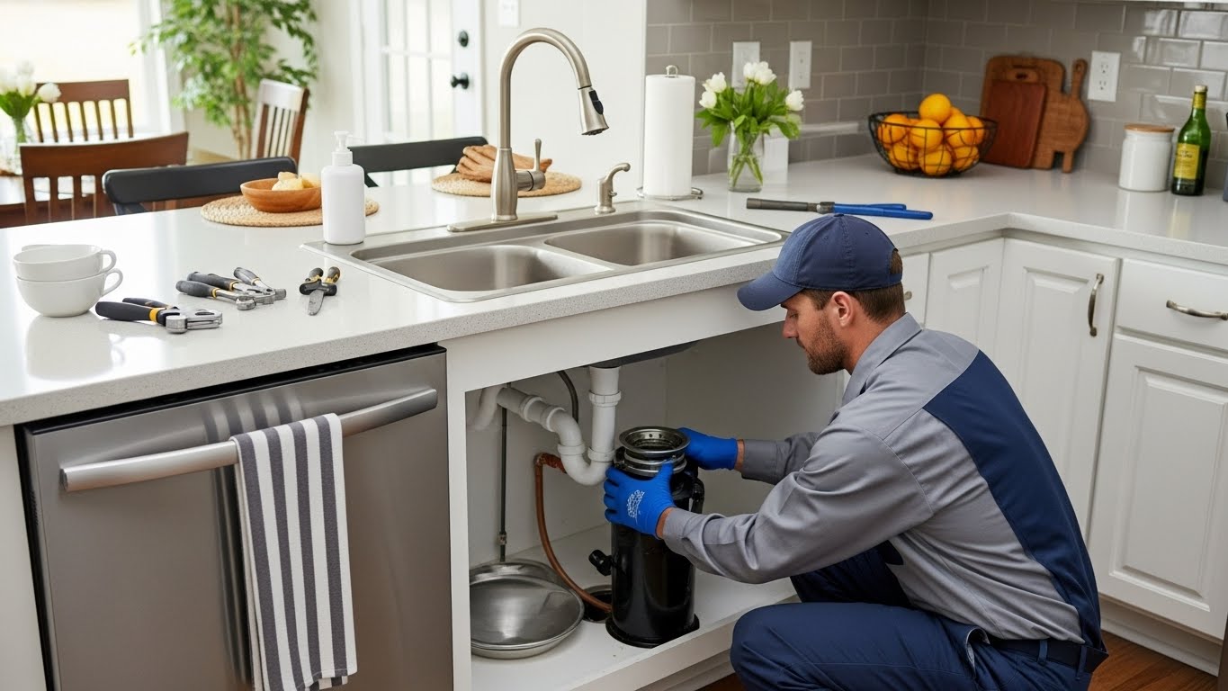 “Licensed plumber repairing a leaking pipe or garbage disposal under the sink in a clean, modern kitchen in Dothan, AL.”
