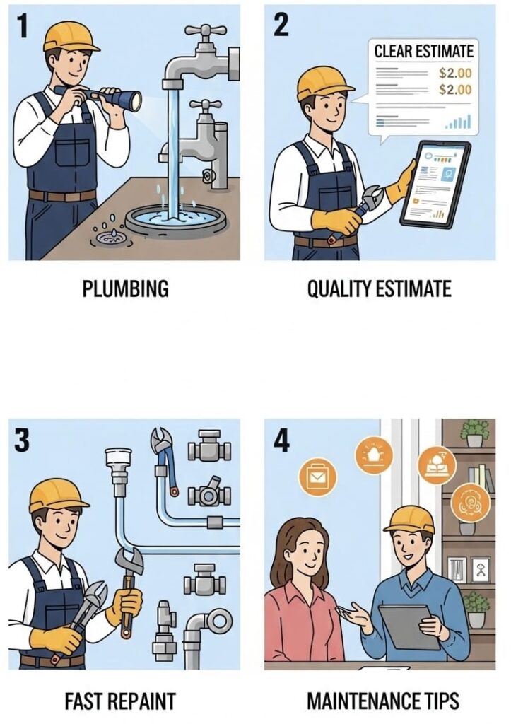 “Four illustrated panels showing a plumber’s process: inspecting pipes, providing a clear price estimate, performing a quality repair with proper tools, and offering follow-up support and maintenance tips.”