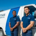 "Professional plumbing van labeled 'Dothan Plumbing Co.' parked in front of a suburban house with two uniformed workers standing confidently in front, representing reliable residential plumbing services."