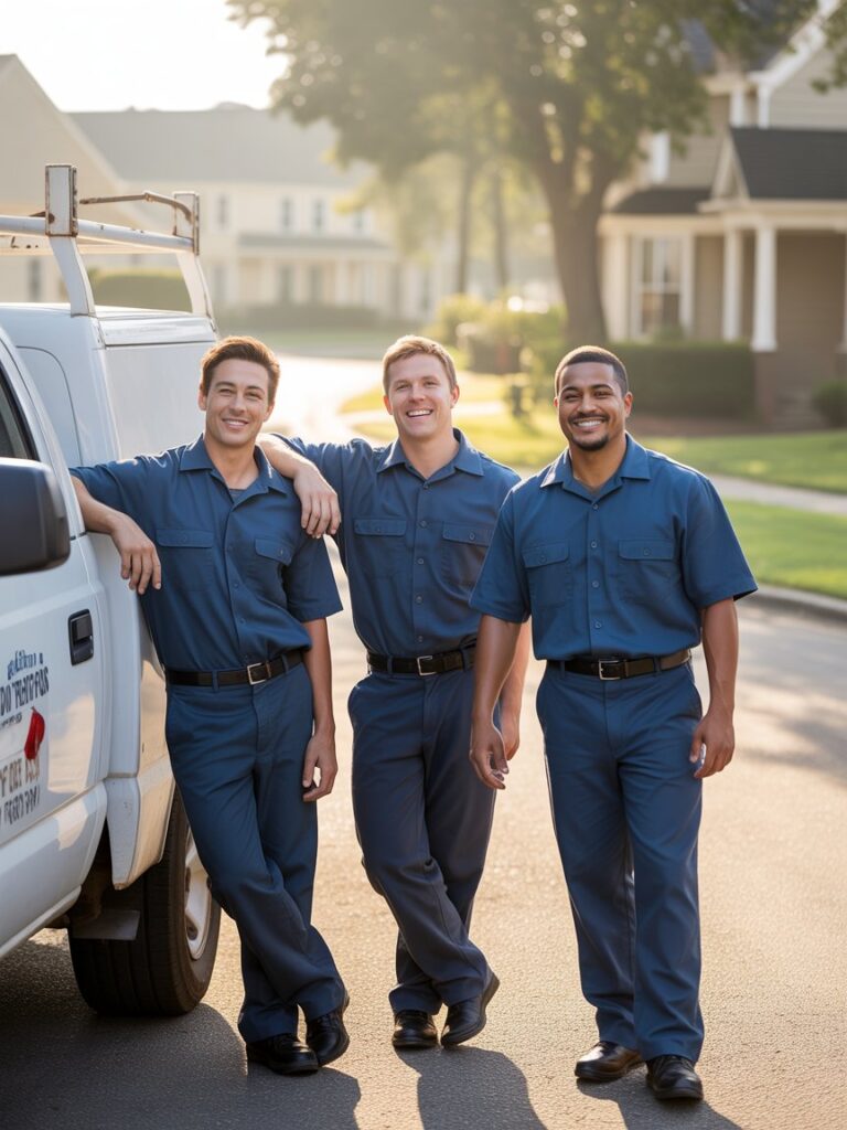 A team of professional plumbers in plain uniforms standing together in a clean, well-lit environment, showcasing teamwork and expertise.
