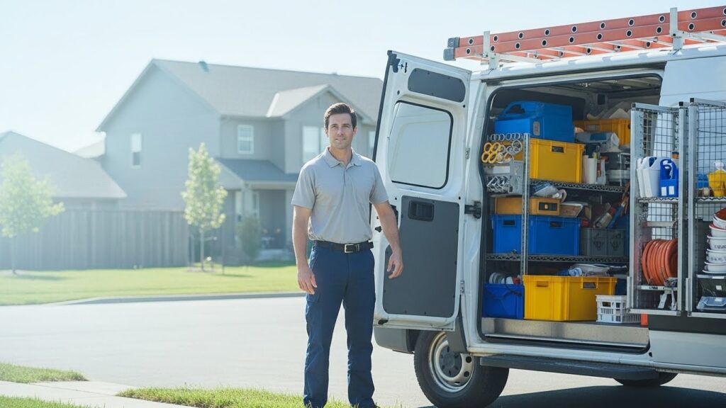 “A friendly plumber in a plain uniform stands beside a service van in a neighborhood, creating a welcoming and reliable atmosphere with a slight light-blue tint in the lighting.”