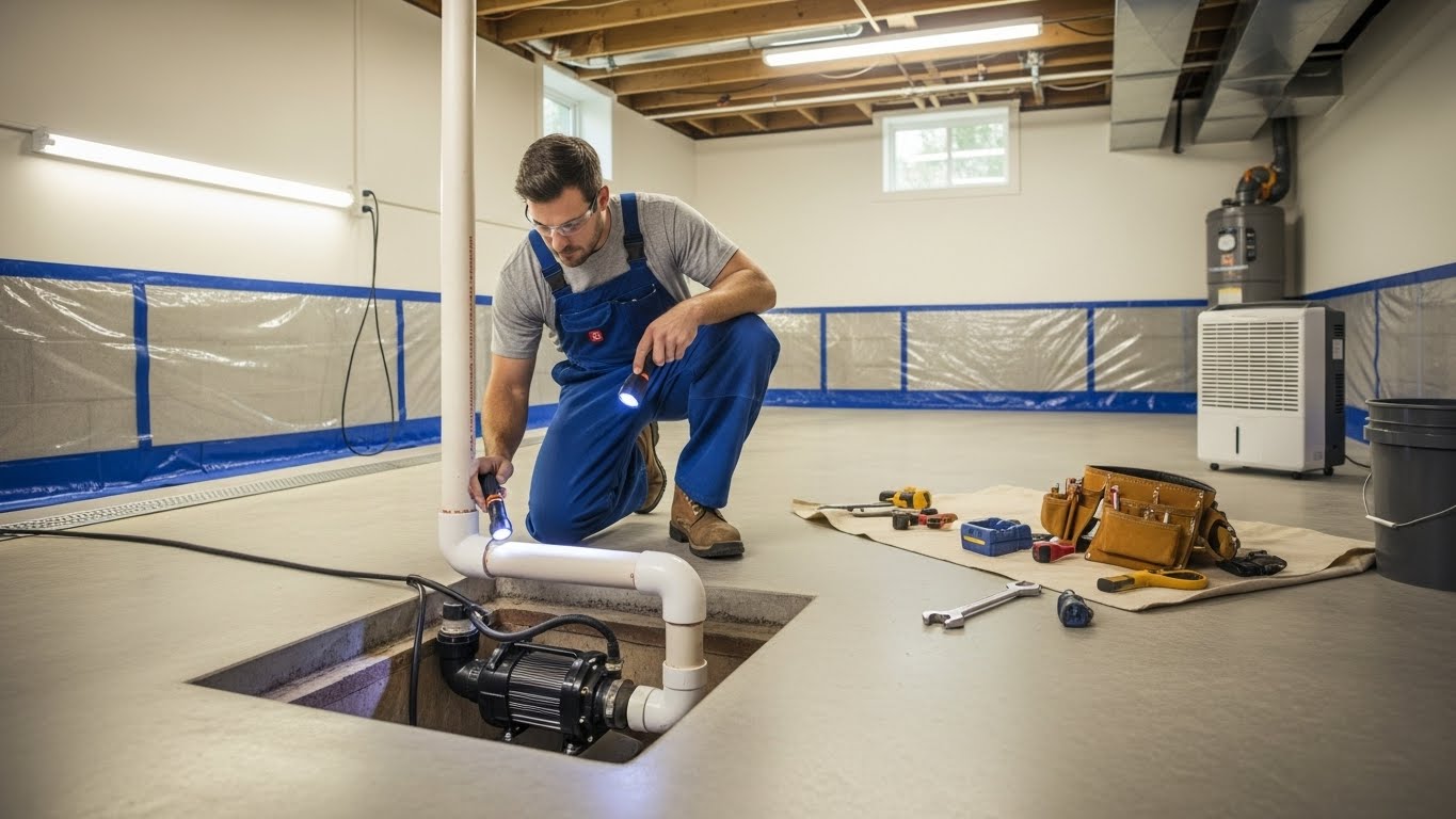 “Plumber performing repairs and maintenance on a sump pump system in a residential basement.”