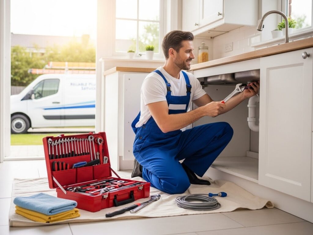 A professional plumber in uniform working with tools in a clean residential space, with organized equipment and a service van nearby, conveying reliability and helpful service. No text or logos visible.