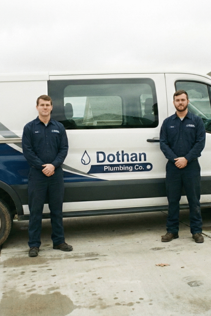 Two uniformed plumbers standing in front of a white and blue Dothan Plumbing Co. van, posing for a service team photo on a concrete driveway.