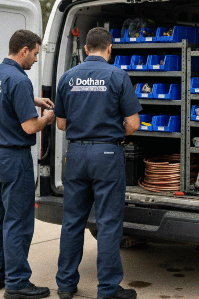 Two technicians in navy work uniforms stand at the open back of a service van, accessing tools and blue storage bins organized inside the vehicle