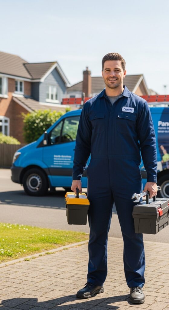 Professional plumber in clean uniform standing outside a home with tools, representing fast and reliable plumbing services in Dothan AL.