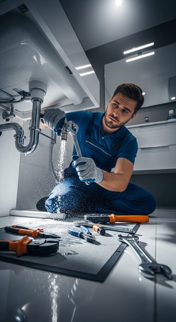 Professional plumber repairing a pipe in a modern bathroom with water droplets visible, showcasing expert and reliable plumbing services.
