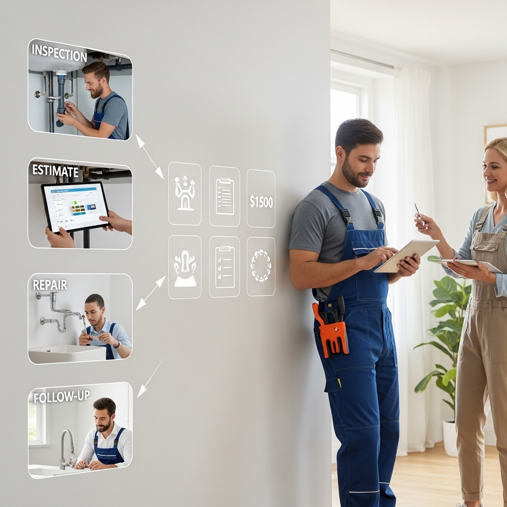 Professional plumber following a step-by-step process including inspection, clear pricing, repair, and customer follow-up, ensuring reliable plumbing service.