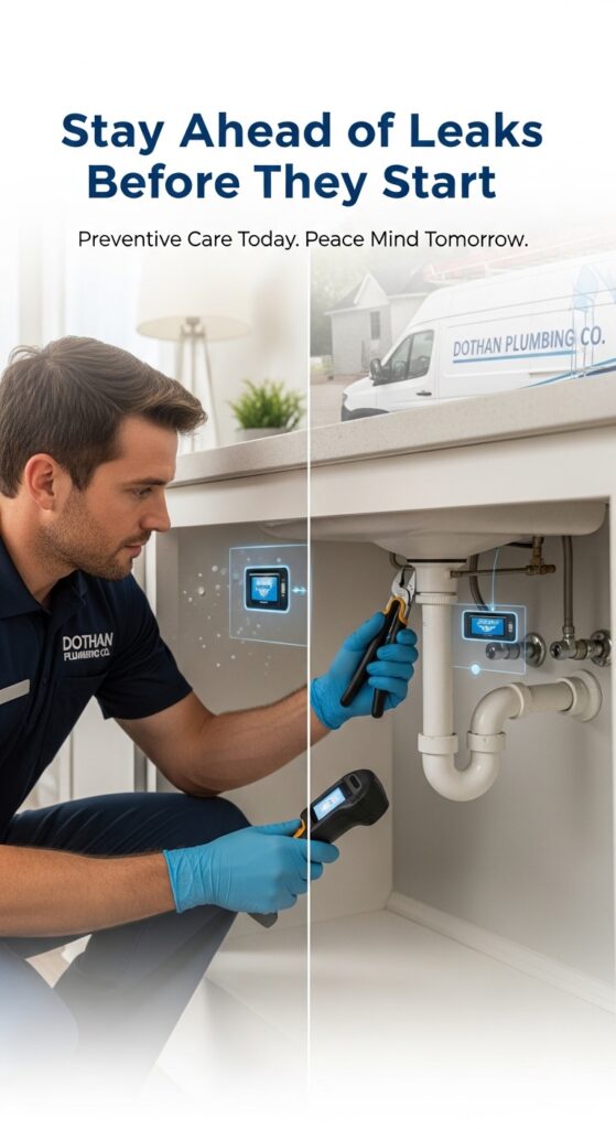 Professional plumber from Dothan Plumbing Co inspecting pipes under a sink with leak detection tools in a modern home
