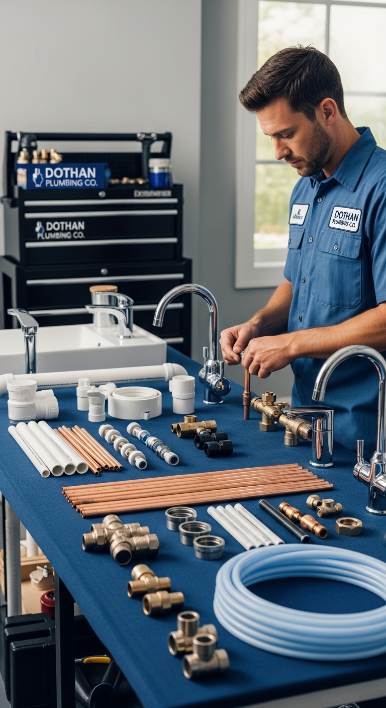 Dothan Plumbing Co plumber using high-quality tools and pipes including PVC, copper, and PEX for installation