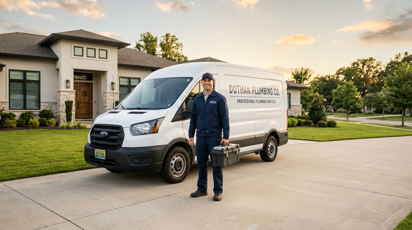 Dothan Plumbing Co. drain cleaning specialist standing beside fully-equipped service van ready for same-day drain service in Dothan AL