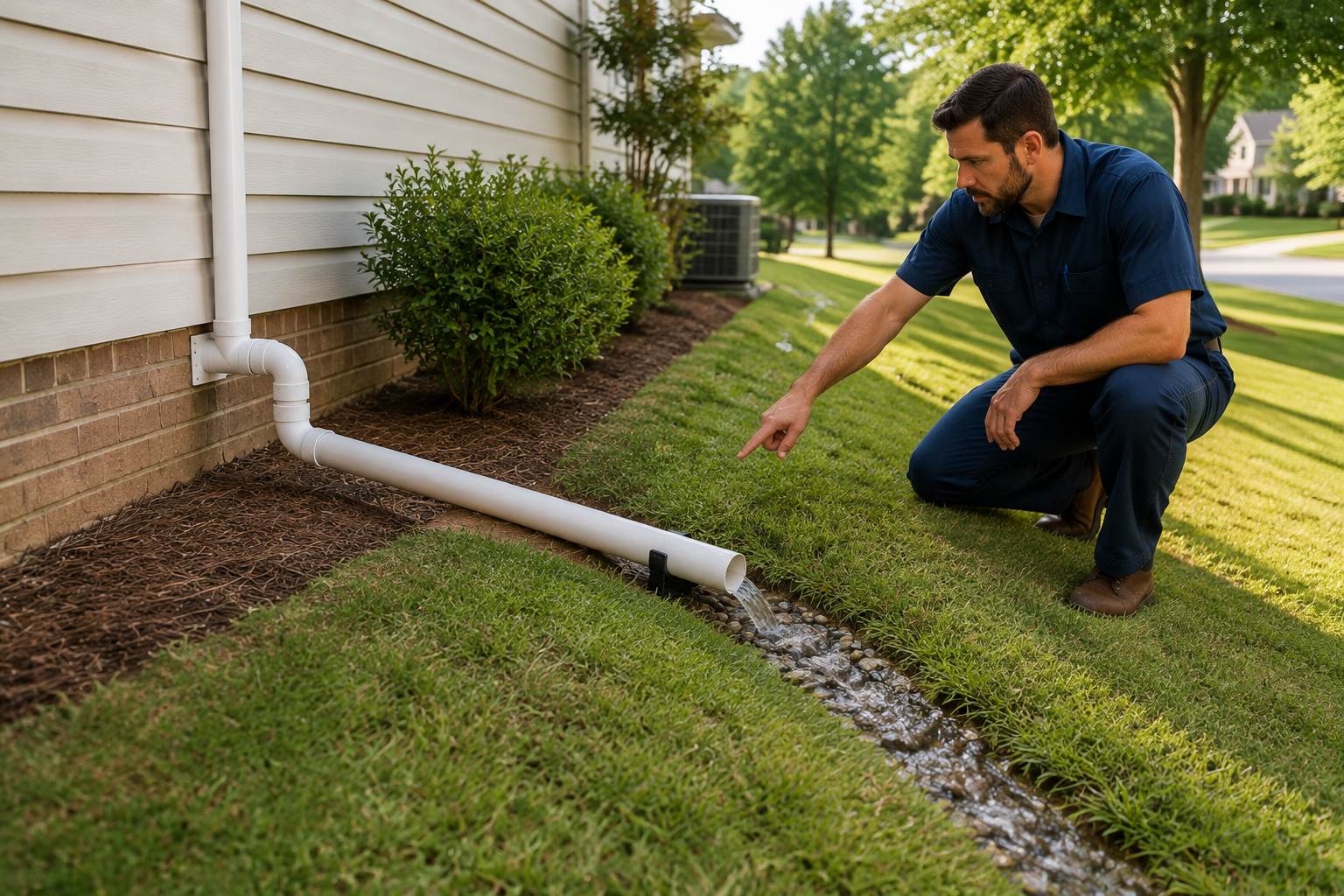 Sump pump discharge line routed away from foundation